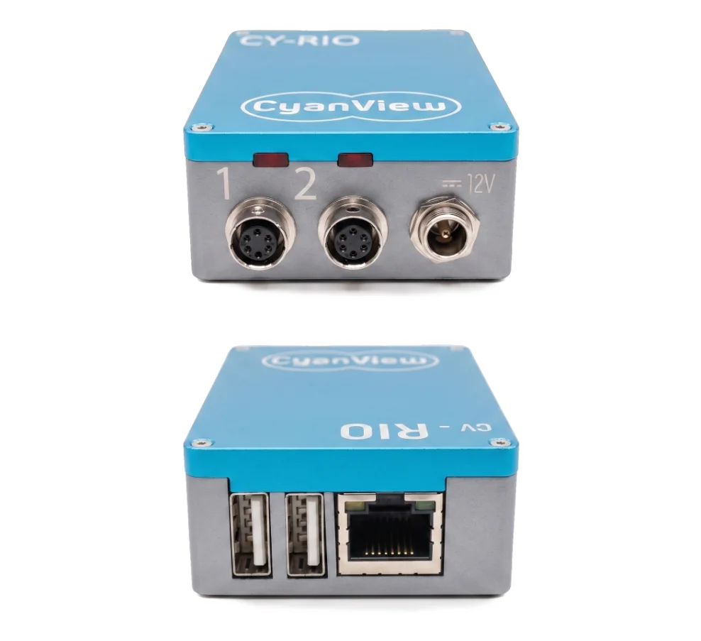 Front and rear views of the CY-RIO: two multi-protocol serial ports and the 12V input on the front, two USB ports and Ethernet on the back